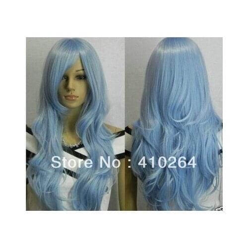 Shun Fast shipping NEW Light Blue Long Wavy Cosplay women Wig Fast shipping