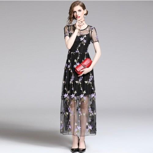 New Runway Elegant See Through Mesh Dresses Flower Embroidery Stitching Lace Trims High Waist Sweet Party Slim Dress Vestido