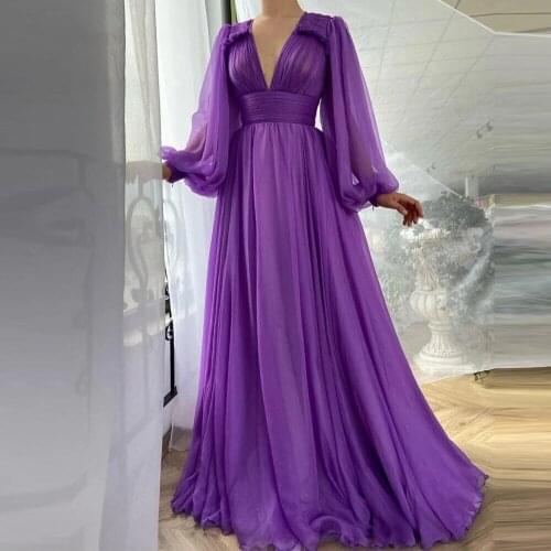 High Waist Women Robes Long Maxi Dress Mesh Long Sleeve Wedding Evening Party Dress V Neck Purple Ladies Elegant Gowns Vestidos