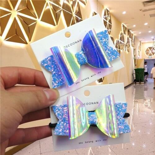 2PCS/LOT Lovely Blue Flash Ties Bows Elastic Bands For Baby Girls Hairpin Creativity Clips Pins Scrunchy Kids Hair Accessories