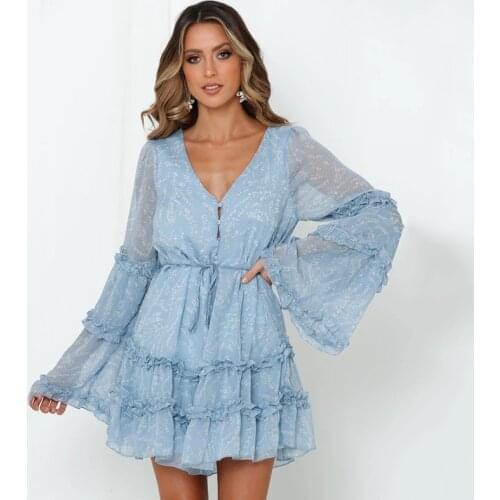 Ardm Fashion Ruffled Floral Print Dresses For Women 2021 Lace Up V Neck Flare Sleeve Mini Dress Sweet Chiffon Boho Party Dress