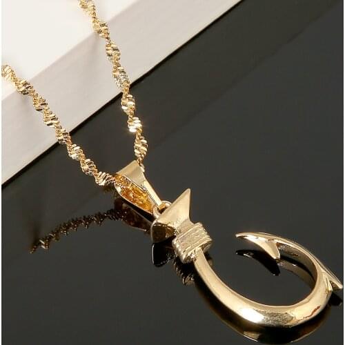 Gold Color Fish Hook Pendant Necklace Ethiopian Trendy Simple Chain Jewelry