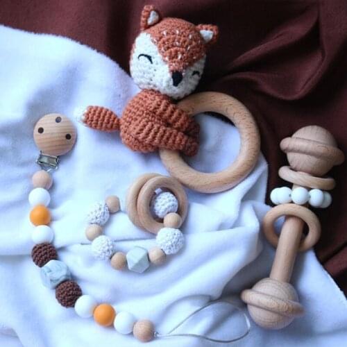 Baby Pacifier Clip Chain Dummy Holder Wooden Teething Bracelet DIY Crochet Animal Teether Infants Rattle Soother Molar Toy Newbo