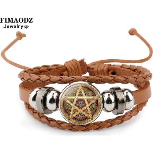 FIMAODZ Vintage Celtics Pentagram Bracelet Star Life Tree Wicca Amulet Glass Gem Handmade Leather Charm Bracelets Bangles Unisex