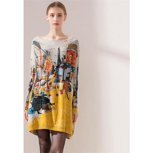 IANLAN Spring Autumn Big Girls Printed Pullover One-shoulder Batwing Sleeve Sweaters Womens Large Relaxed Knitwear IL00430