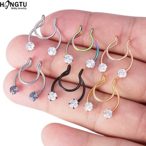 1-6PC Cubic Zirconia Fake Nose Ring Fake Septum Piercing Rings Hoop 316L Surgical Steel Fake Piercing Nose Piercings Jewelry 18G