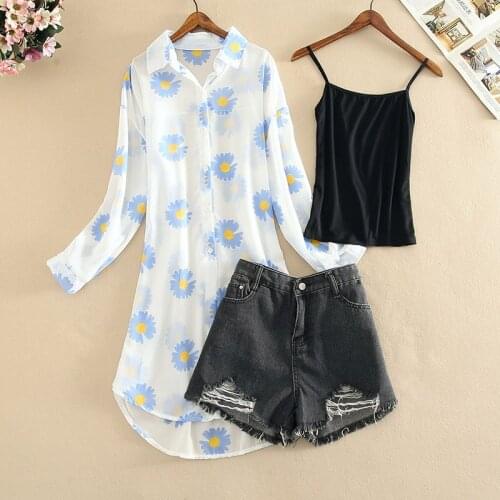 3 Three Piece Set Women Floral Printed Long Sunscreen Chiffon Shirt + Ripped Hole High Waist Denim Shorts Suits + Camis Top New