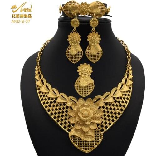 ANIID Jewelery Sets 24K Flower Earrings Gold Plated Tibetan Rings For Women Wedding Collection Pearl Bracelet Vintage Necklace