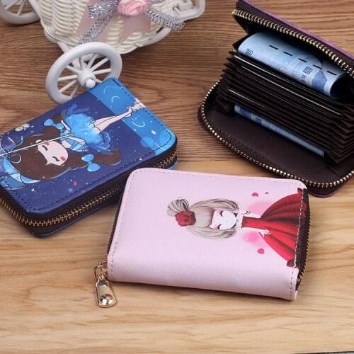 New Fashion Printed Women Card Bag PU Leather Wallet Cartoon Girl Mini Zipper Clutch Bag Business Card Case Credit Card Holder
