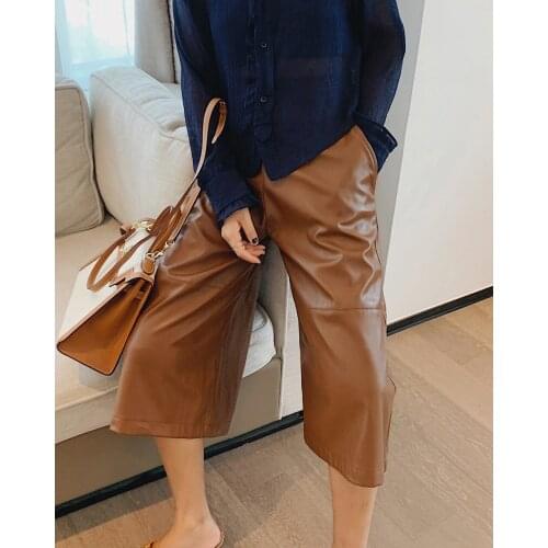 Leather Wide Leg Pants Women 2021 Spring And Autumn New Sheepskin Loose Versatile Foot Pants Seven Drape Casual Pants