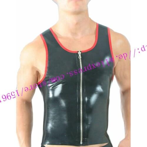 Fashion Latex Tank Tops Man Sexy Latex Costumes Casual Black Sleeveless Rubber Tank Front Zipper Plus Size Hot Sale