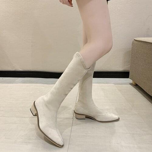 Fashion Women Knee High Boots Round Toe Thick Mid Heels Knight Boots Slip on Sock Boots Stretch Elastic Boots Black Plus Size
