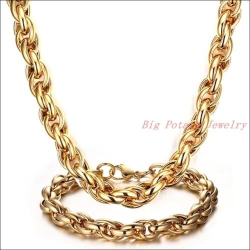 New Arrive Fashion 316L Stainless Steel Gold Rope Chain Mens Jewelry Sets Neckalce 22"&Bracelet 9" Top Quality