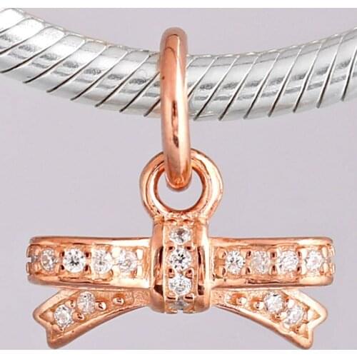 Original Rose Sparkling Schleife Bow With Crystal Pendant Beads Fit 925 Sterling Silver Bead Charm Bracelet DIY Jewelry
