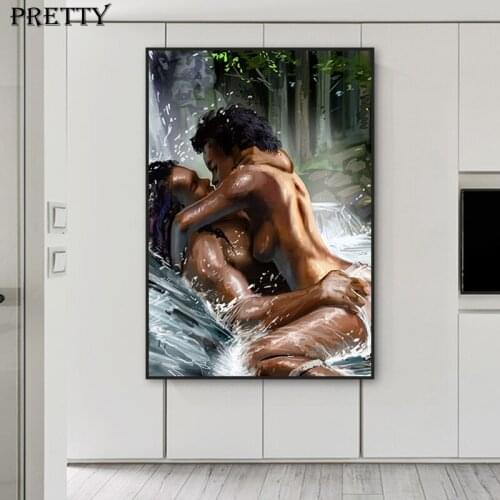 Kissing Lovers Canvas Oil Painting Naked Black Couple Poster and Prints Modern Scandinavian Wall Art Home Decorative Picture