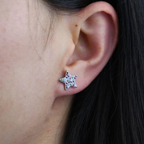 Silver Color Rainbow Colorful CZ Star Small Stud Earring For Women Classic Simple Minimal Delicate Christmas Gift Jewelry