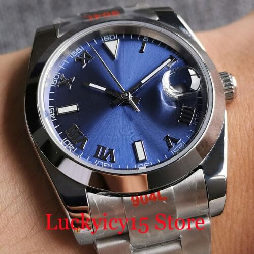 Japan MIYOTA 8215 36mm Polished Bezel BLUE Sunburst Automatic Men Watch Roman Numbers Date Magnifier Oyster Band Scre Crown