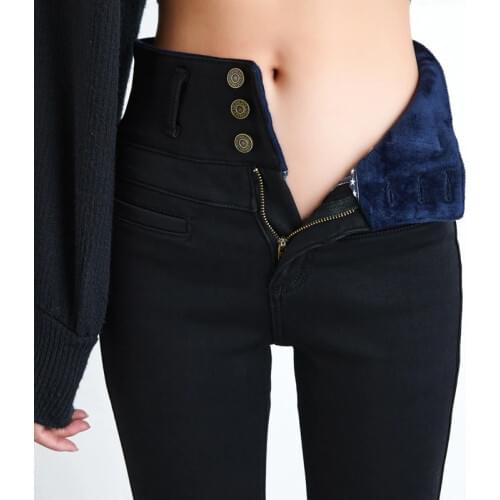 Women High Waist Velvet Thick Jeans Female Winter 2020 Skinny Stretch Warm Jean Pants Mom Black Denim Trousers With Fleece