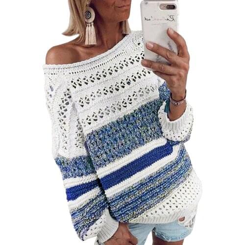 Purple/Blue/Brown Loose Openwork Round Neck Long SLeeve Casual Loose Sweater Women Colorful Striped Autumn Spring Sweater Tops