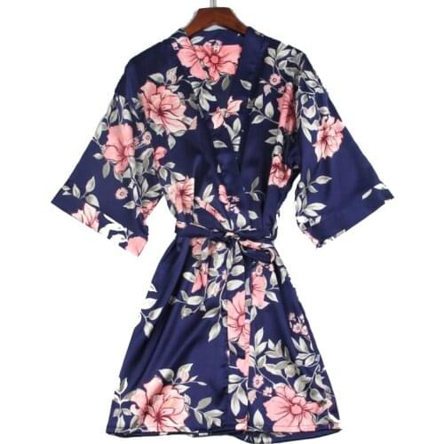 2018 New Summer Blue Women Mini Robe Kimono Bathrobe Sexy Lady Print Sleepwear Dress Gown Rayon Home Wear M L XL D129-01
