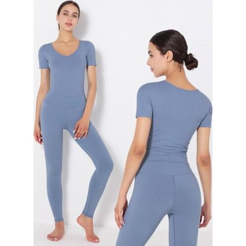 Womens Yoga Set 2 Pieces Workout Outfits Seamless High Waist Leggings Short Sleeve Crop Top Sports Suits Fitness Sportswear