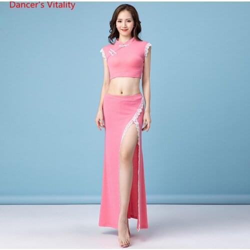 Belly Dance Practice Clothes Suit High Collar Sleevless Top+split Long Skirt for Women Bellydancing Set Oriental Dance Outfit