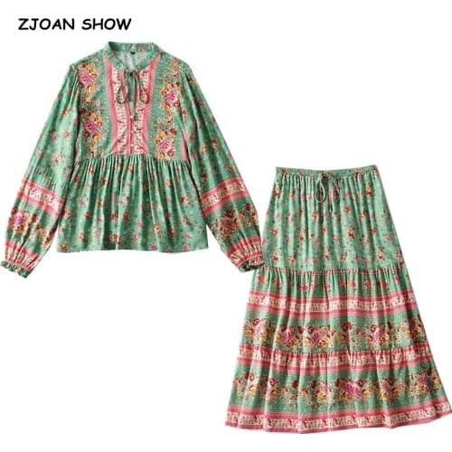 2020 BOHO Lacing up Collar Floral Print Pullover Shirt Women Elastic Waist Maxi Long Skirt Pink Holiday 2 Pieces Set