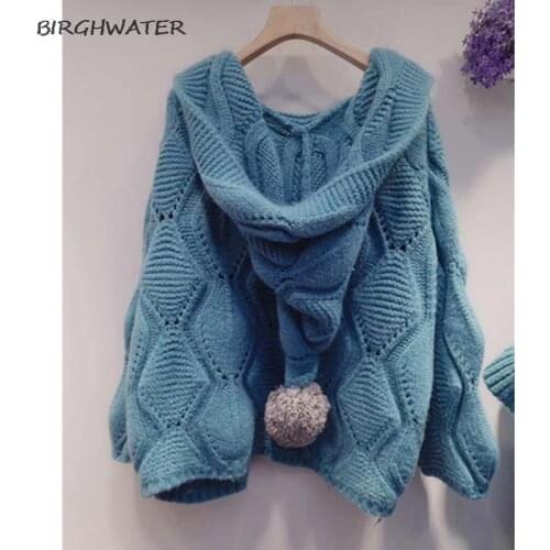 Knitted Sweater Women Loose Lantern Sleeve Sweaters 2020 Autumn Fashion Cardigan Plush Jackets Solid Ladies Hooded pull femme