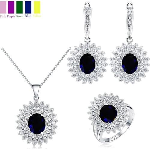 9 Color 925 Silver Blue Sapphire Bridal Jewelry Sets For Women Sunflower Dangle Earrings Necklace Ring For Jewelry