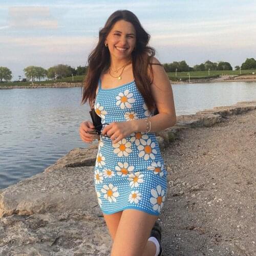 Y2K Aesthetic Floral Print Knitted Mini Dress Sexy Backless Lace Up Spaghetti Strap Cami Sundress Chic Women Beach Clothes