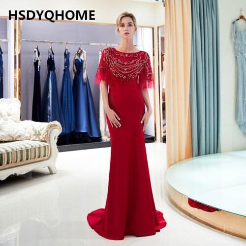 HSDYQHOME Burgundy Sexy Evening dress beading Mermaid party dresses for occasions tassel cap sleeves inexpensive Prom gown