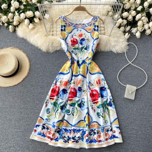 New Fashion Summer Elegant Women O Neck Sleeveless Vintage Floral Print A Line Dress Ladies Party Dresses Vestido