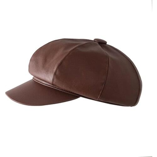 PU Leather Winter Octagonal Cap Girls Beret Hats For Women Green Color Newsboy Hats Female British style Berets Hat keep warm