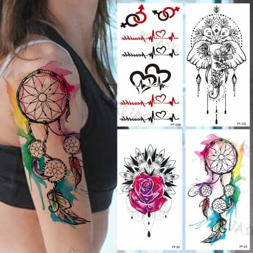 Watercolor DreamCatcher Feather Temporary Tattoos For Women Girls Rose Elephant Cardiogram Fake Tattoo Sticker Arm Neck Tatoos