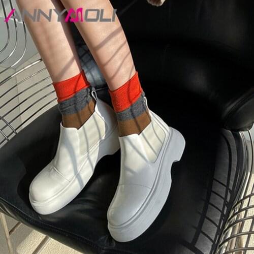 ANNYMOLI Real Leather Women Chelsea Boots Platform Thick High Heel Ankle Boots Round Toe Ladies Boots Autumn Winter Green White