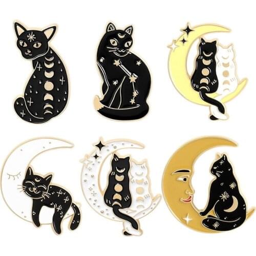 Witch Cats Enamel Pin Custom Moon Phase Wizard Cat Brooches Bag Lapel Pin Black White Witch Craft Badge Jewelry Gift for Friends