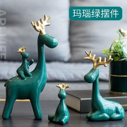 Emerald Green Deer Statue Family Deers Figurines Resin Sculpture Home Decor Reindeer Scandinavian Home living Room Decoration