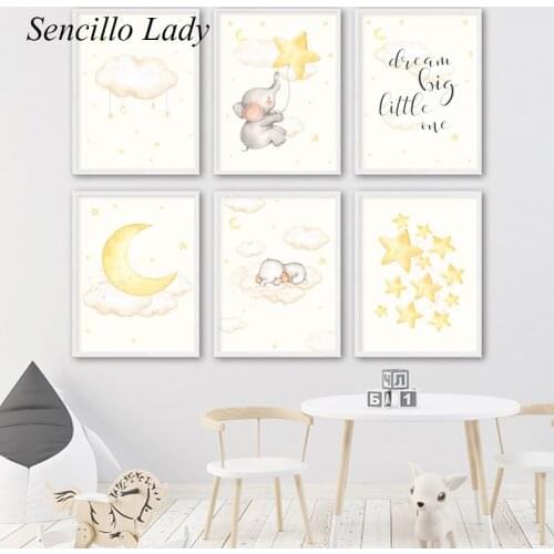 Beige Yellow Elephant Moon Star Nursery Art Painting Baby Cartoon Canvas Wall Poster Print Nordic Kid Child Room Decor Picture