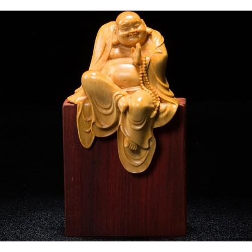 Chinese Zen Sitting Meditation Maitreya Boxwood Carving Buddha Statue Maitreya Ornaments Crafts Solid Wood Laughing Buddha
