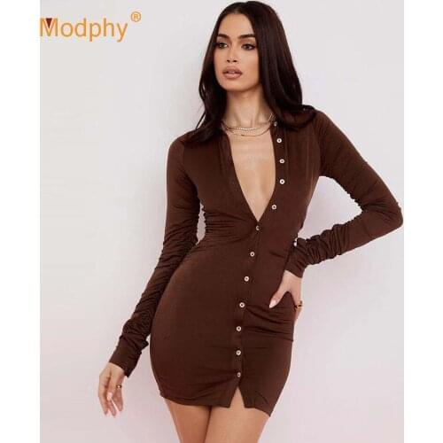 Ruched Brown Womens Shirt Dress Fashion Casual Turn-Down Collar Button Up Womens Mini Dresses Bodycon Solid Female clothing