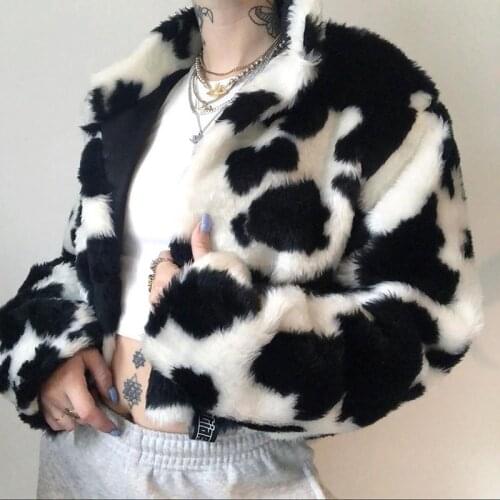 Girls Cow Pattern Faux Mink Fur Jacket Winter Turn Down Collar Bomber Coat Leopard Furry Cardigan Streetwear Tops Eco-friendly