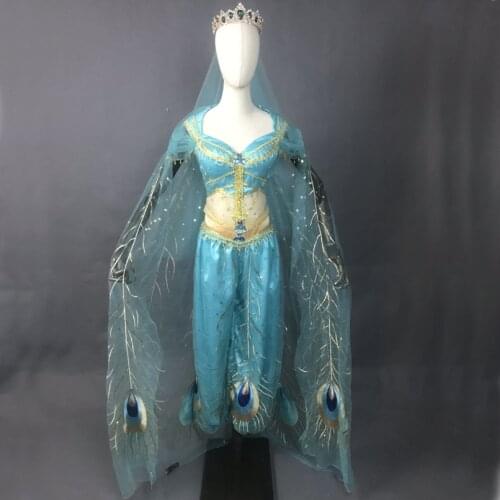 Magical Lamp Cosplay Costume Princess Jasmine Peacock Dress With Crown Fancy Halloween Party Gown For Adult Women