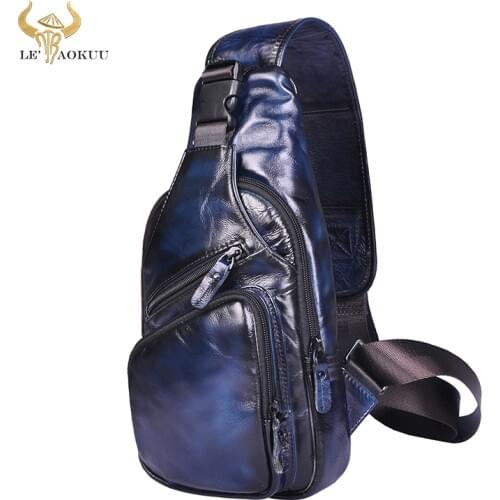 Men Genuine Crazy horse Leather Casual Fashion Crossbody Chest Sling Bag Design Travel One Shoulder Bag Daypack Male 8015