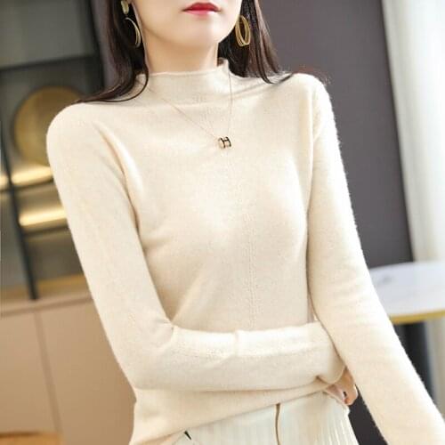 2021 autumn and winter new style 100% wool knitted long-sleeved half-height slim solid color short womens pullover