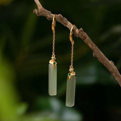Natural 925 sterling silver gilded inlaid hetian cyan jade retro earrings simple individuality for women