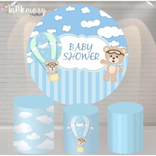 Blue Bear Baby Shower Birthday Party Circle Round Backdrop Boy Photography Background Hot Air Balloon Table Covers Elastic