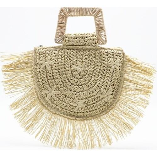 Mixed Hand Woven Tassel Straw BagSemicircular Moon Bag,Trapezoidal Handle Flower,Embroidered Bag, Bamboo Wicker Paper Tote Bag