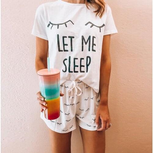 SeeBest Fun Print Comfy Pajams Set Women Round Neck Cotton Lazy Loungewear Sleepwear Homewear 2020 Summer Casual Loose Style