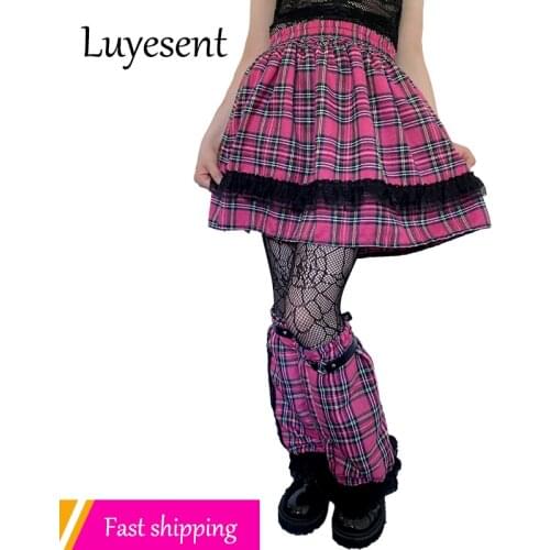 Y2k Sweet Girl Plaid Pink Skirt Lady High Waist Harajuku Pleated Mini Skirts Black Lace Kawaii Korean Fashion Clothes Janpanese