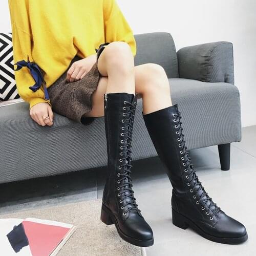Slim Leg Stovepipe Boots Women Knee High Long Bootie Motorcycle Botas Lace-Up Leather Winter Snow Botines Cross-Tied Goth Bota